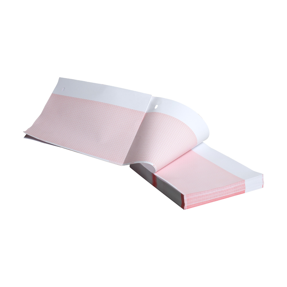 Thermal paper 8.5” x 11”, white patient data area, red grid 155mm wide, z-fold, hole queue, 300 sheets, 8 packs Thermal paper 8.5” x 11”, white patient data area, red grid 155mm wide, z-fold, hole queue, 300 sheets, 8 packs